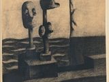 une image représentant un dessin en noir et blanc de deux sculptures