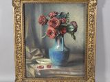 a painting of roses in a blue vase on a table