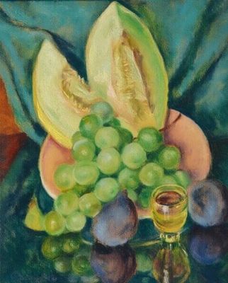 tableau représentant une nature morte composée de raisins, d'un melon et d'un verre de vin