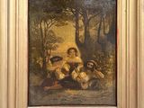 painting of a group of people sitting in a wooded area