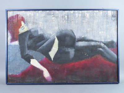 painting of a woman in a black dress laying on a red couch