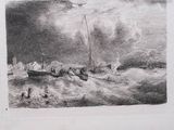 a drawing of a boat in the water with people on it