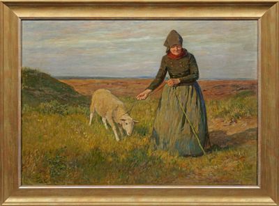 painting of a woman feeding a sheep in a field with a sky background