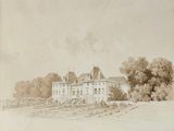 an old drawing of a large house with a tower on top of it