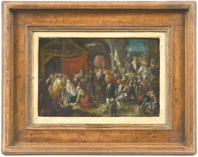 une peinture à l'huile représentant un groupe de personnes dans une grange