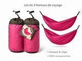 two hammocks and a sleeping bag with a tag on them