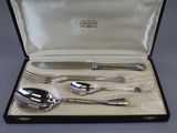 a silverware set in a case with a spoon, fork and spoon rest