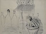 sketches of bottles and vases on a table with a drawing of a bird