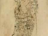 an old drawing of a man standing in front of a body of water