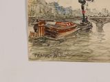 a drawing of a boat on the water with a clock tower in the background