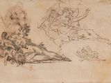 an image of a drawing of a man on a horse and a woman on a horse