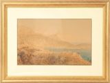 an image of a painting of a mountain range with a lake in the foreground
