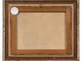 an old picture frame with a tag hanging on it