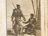 un vieux livre sur lequel figure l'image d'un homme tendant quelque chose à une femme