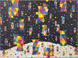 une peinture représentant des triangles et des étoiles colorés sur fond noir