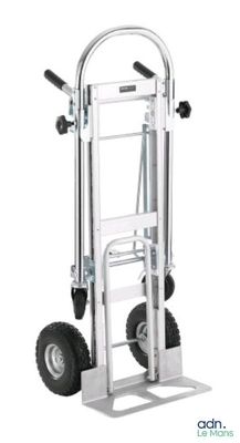 a close up of a hand truck with wheels on a white background