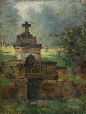 une image représentant un tableau d'un petit bâtiment dans un champ