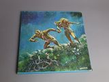 a book with a picture of two people running on a hill