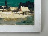 a painting of a beach scene with a lighthouse in the background