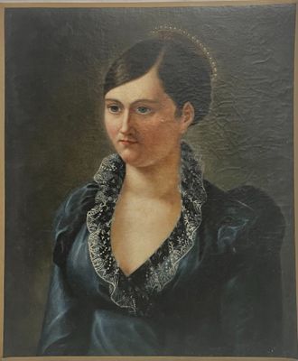 un tableau représentant une femme en robe bleue avec une tia