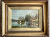 framed oil painting of a boat on a lake with a house in the background