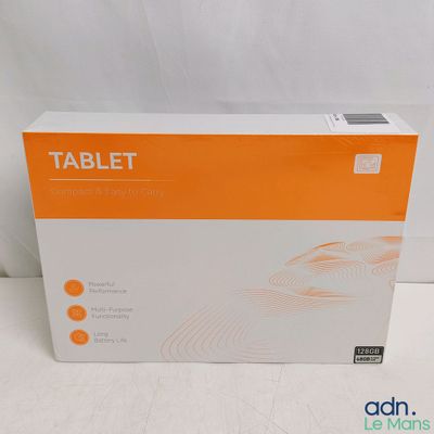 a white box with orange writing on it sitting on a table