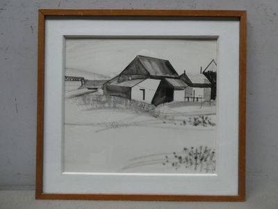 drawing of a barn in a field with a windmill in the background