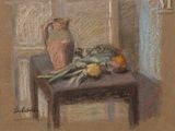 a painting of a vase and some vegetables on a table