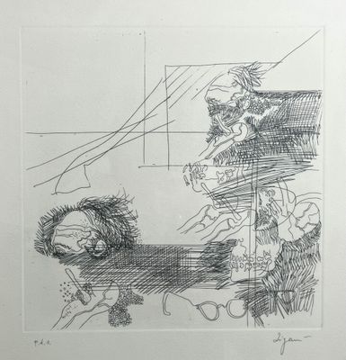 dessin au crayon représentant un homme assis sur un banc avec un chien