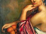 an oil painting of a woman sitting in front of a basket of fruit