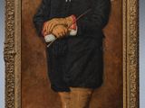 tableau représentant un homme vêtu d'un manteau noir et d'un pantalon marron, tenant un gant