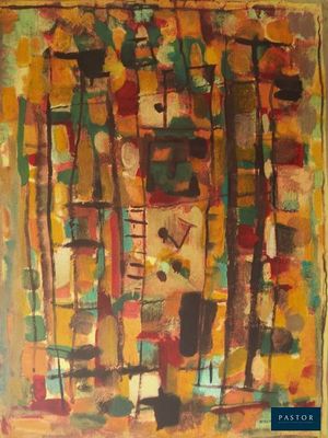 une peinture abstraite représentant un groupe de personnes dans une pièce