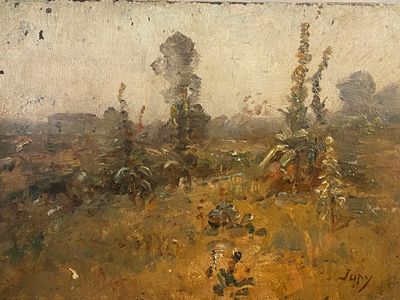 an oil painting of a field with trees in the distance