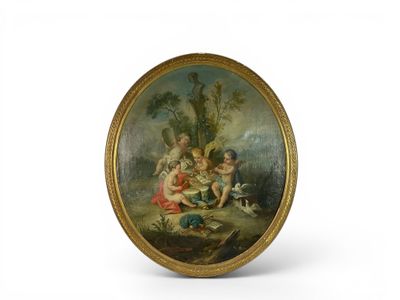 an oval painting of a group of people in a wooded setting
