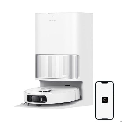 une photo d'un purificateur d'air blanc, avec une télécommande à côté