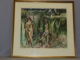 painting of a woman and a man in a garden by a fence