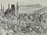 pencil drawing of a landscape with a castle in the distance