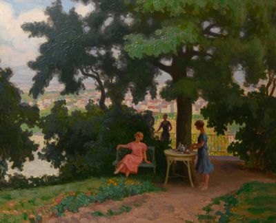 un tableau représentant deux femmes assises sur un banc dans un parc