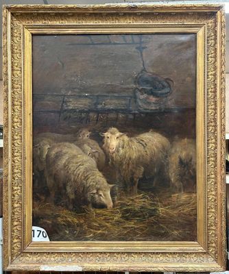 un tableau représentant un troupeau de moutons en train de brouter du foin dans une grange