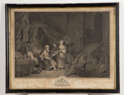 un tableau représentant un homme et une femme dans une pièce avec un chien