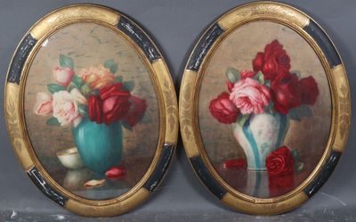 painting of two oval frames with flowers in a vase on a table