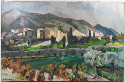 une peinture à l'huile d'un paysage avec une montagne en arrière-plan