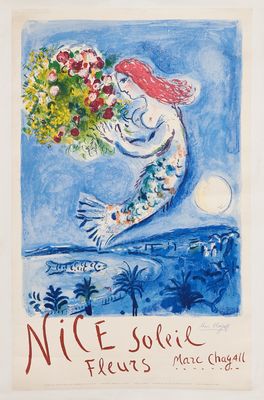 painting of a mermaid holding a bouquet of flowers on a beach