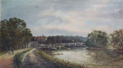 une peinture d'une rivière avec un pont à l'arrière-plan