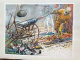 a picture of a painting of a man pulling a cart of cans