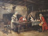 peinture d'un groupe de personnes assises autour d'une table dans une pièce