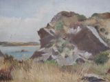 a painting of a rocky outcropping by the water