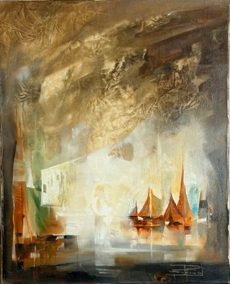 tableau représentant une peinture de bateaux dans un port sous un ciel nuageux