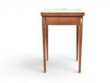 a small wooden table with marble top and legs