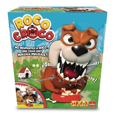 Sur la boîte du jeu « Poco Dog », on voit un chien en train de manger par la bouche de la boîte.